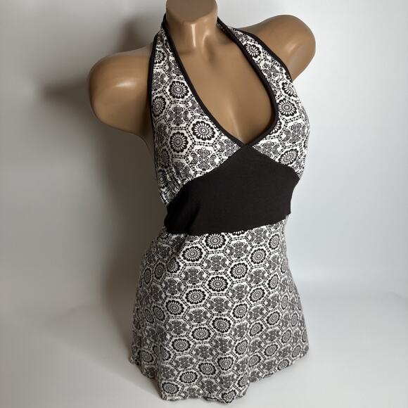 LMC Y2K Halter Mini Dress Brown White Print Tie Back Fairycore S Retro Indie - Picture 1 of 10